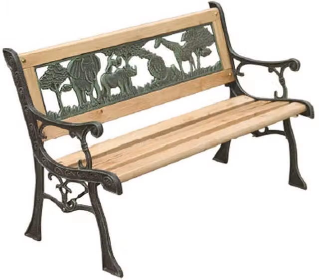Samuel Alexander Classic Childrens 2 Seater Wooden and Cast Iron Garden Bench with Animal Design in Brown