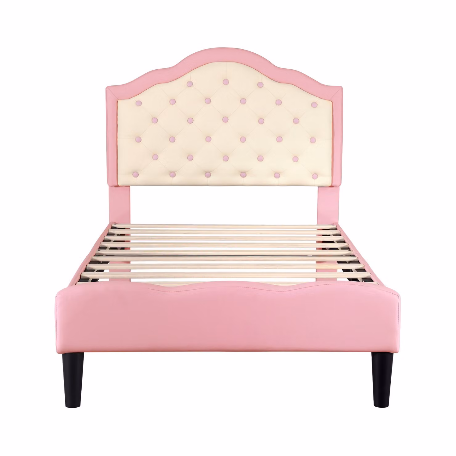 Aosom Single Wood Bed with Adjustable Padded PU Upholstered Headboard for Kids, Beige and Pink, L 199.5 x W 92.0 x H 109.5 cm – 2