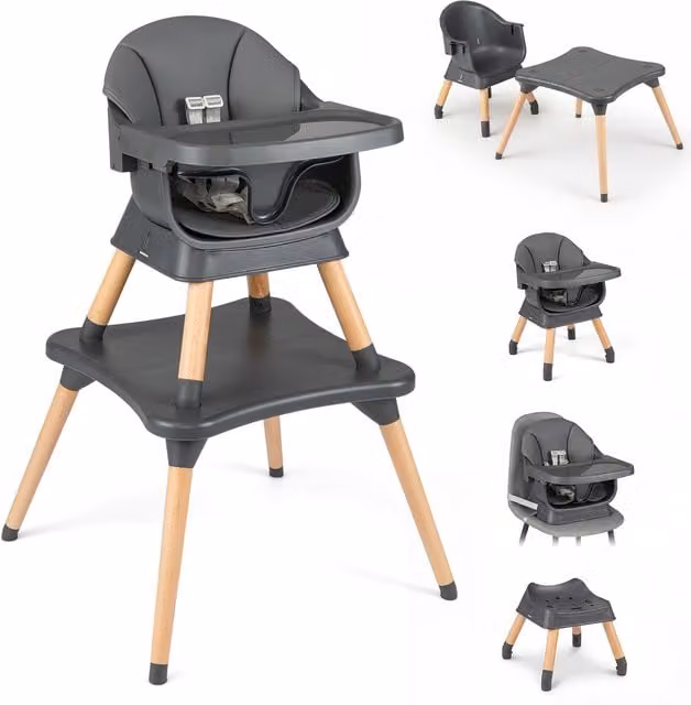 COSTWAY Convertible Toddler High Chair in Grey with Beech Wood and Synthetic Leather Cushions