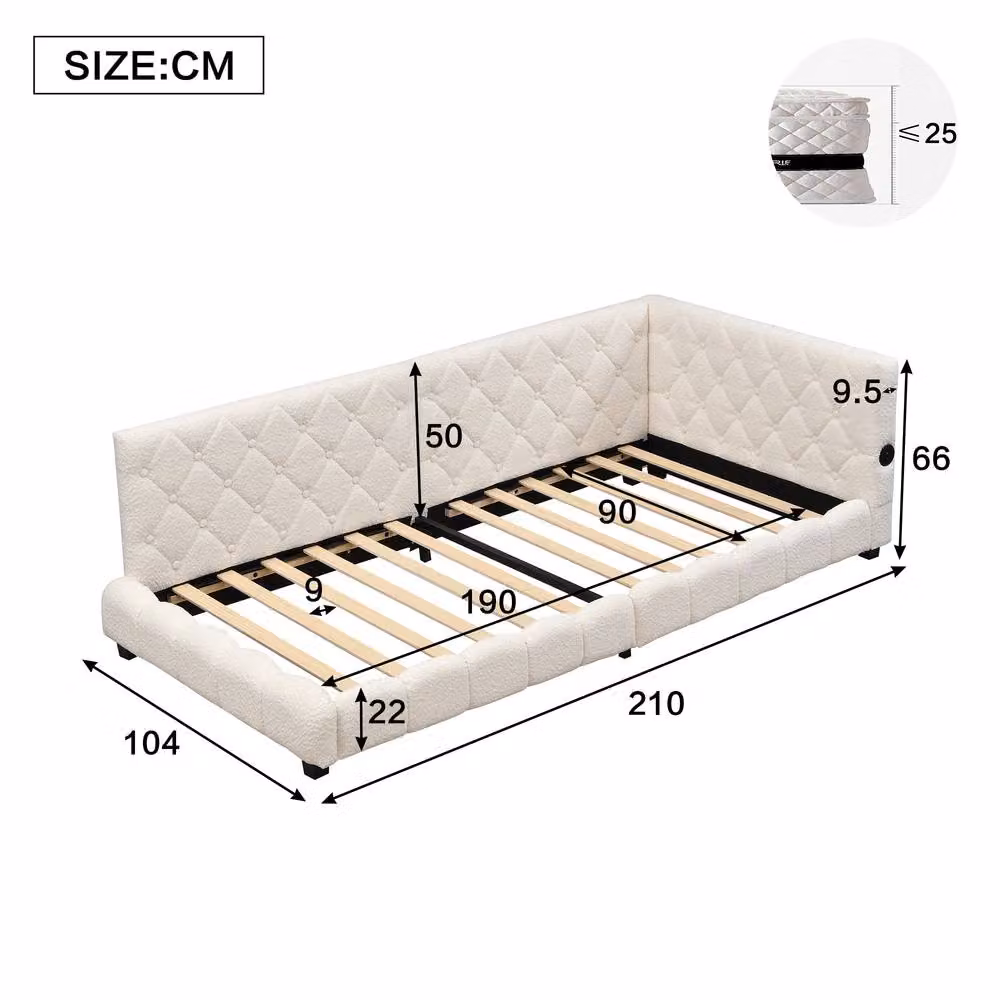 Rolipo Single Upholstered Bed in Beige Boucle, W/D/H: 90 x 190 x 66 cm – 2