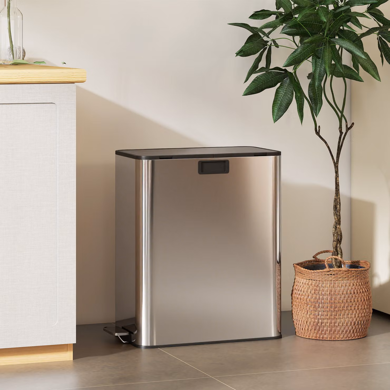 HOMCOM Dual Kitchen Pedal Bin with Soft-Close Butterfly Lid, 2 x 28L Stainless Steel Recycling and Waste Bin with Removable Inner Buckets, Fingerprint-Proof, Silver Tone – 5