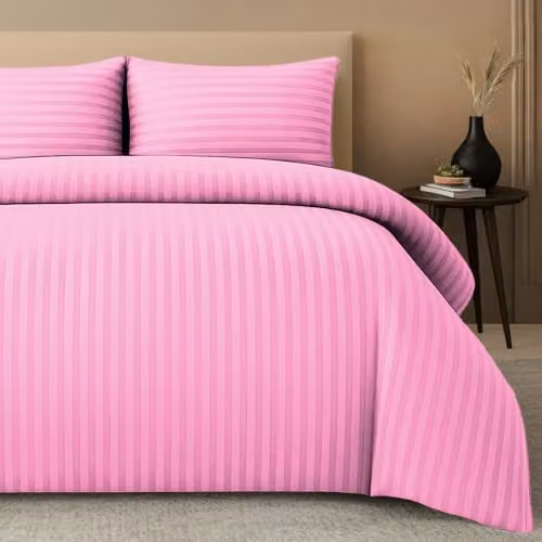 Pamposh Pink Satin Stripe Single Duvet Cover and Pillowcase Set, 2 Pack, Microfibre Bedding, W/D/H: 135 x 200 cm and 50 x 75 cm – 1