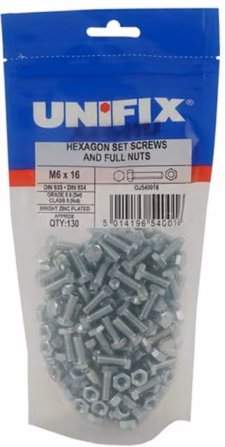 Unifix Grade 8.8 Galvanised Steel Hex Setscrews and Full Nuts, M10 x 70 mm, Silver, Pack of 20