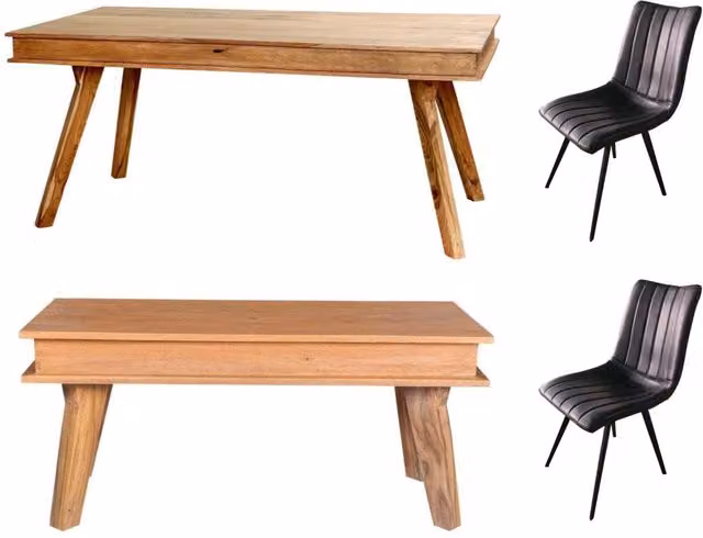 IH Design Modern Sheesham Wood Dining Table Set with 2 Chairs and 1 Bench in Brown