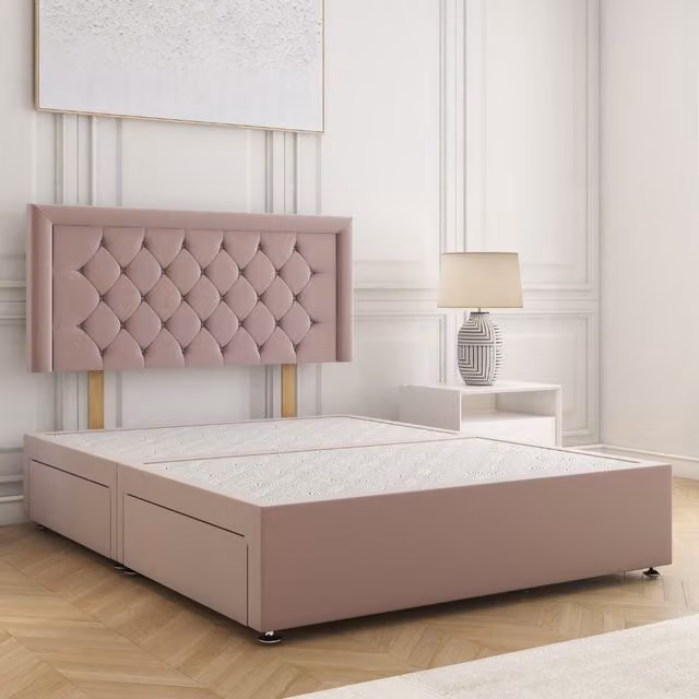 BSSPOKE Nova Plush Velvet Divan Bed with 24 inch Headboard and 4 Drawers, Pink, W/D/H: 140 x 200 cm