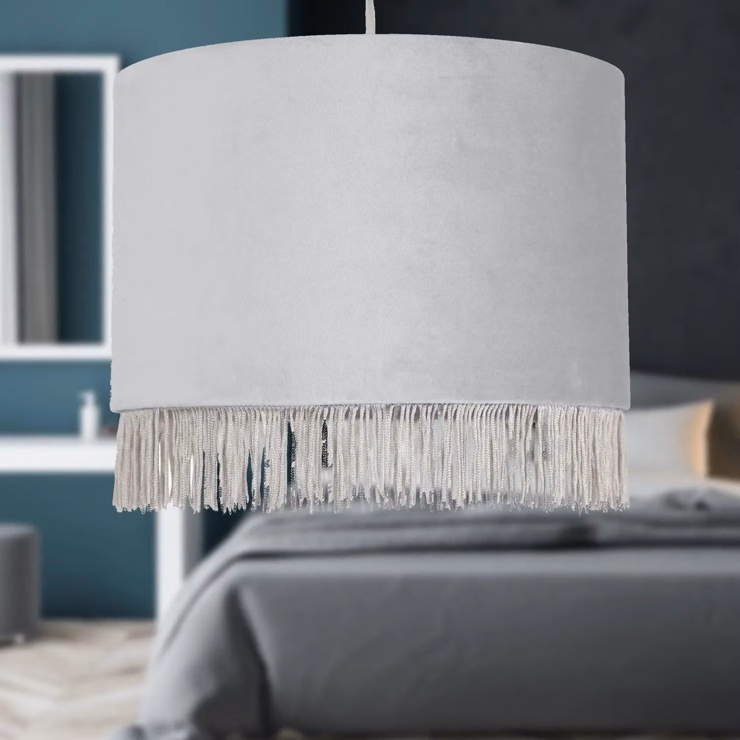 First Choice Lighting Silvery Grey Fringed Velvet Round Pendant Shade, Diameter: 23 cm – 2