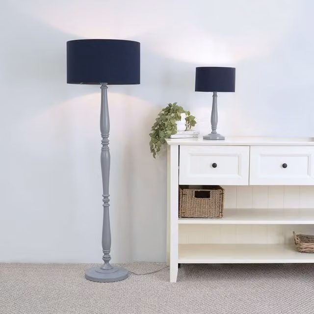 ValueLights Victoria Traditional Table Lamp with Grey Wood Base and Navy Fabric Drum Shade