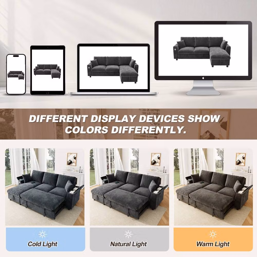 Merax Reversible L-Shape Corner Sofa Bed in Grey with Storage, USB Charging and Cup Holder – 6