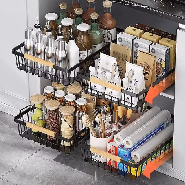 VOGREX Black Metal Pull Out Cabinet Basket Organizer and Shelves, Large