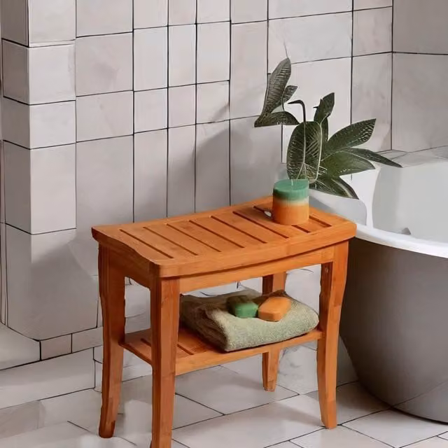 FURNOS 2 Tier Bamboo Side Table and Shower Stool in Natural Brown, W/D/H: 45.72 x 45.72 x 48.26 cm