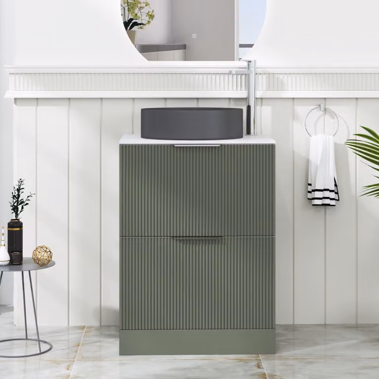 Royal Bathrooms Evora Sage Green Fluted Floor Standing Countertop Vanity Unit with 2 Drawers and Art Round Basin