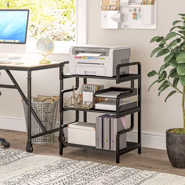 HOMCOM 3-Tier Industrial Metal Printer Stand and Storage Shelving Unit, Black, W/D/H: 55 x 40 x 77 cm – 1