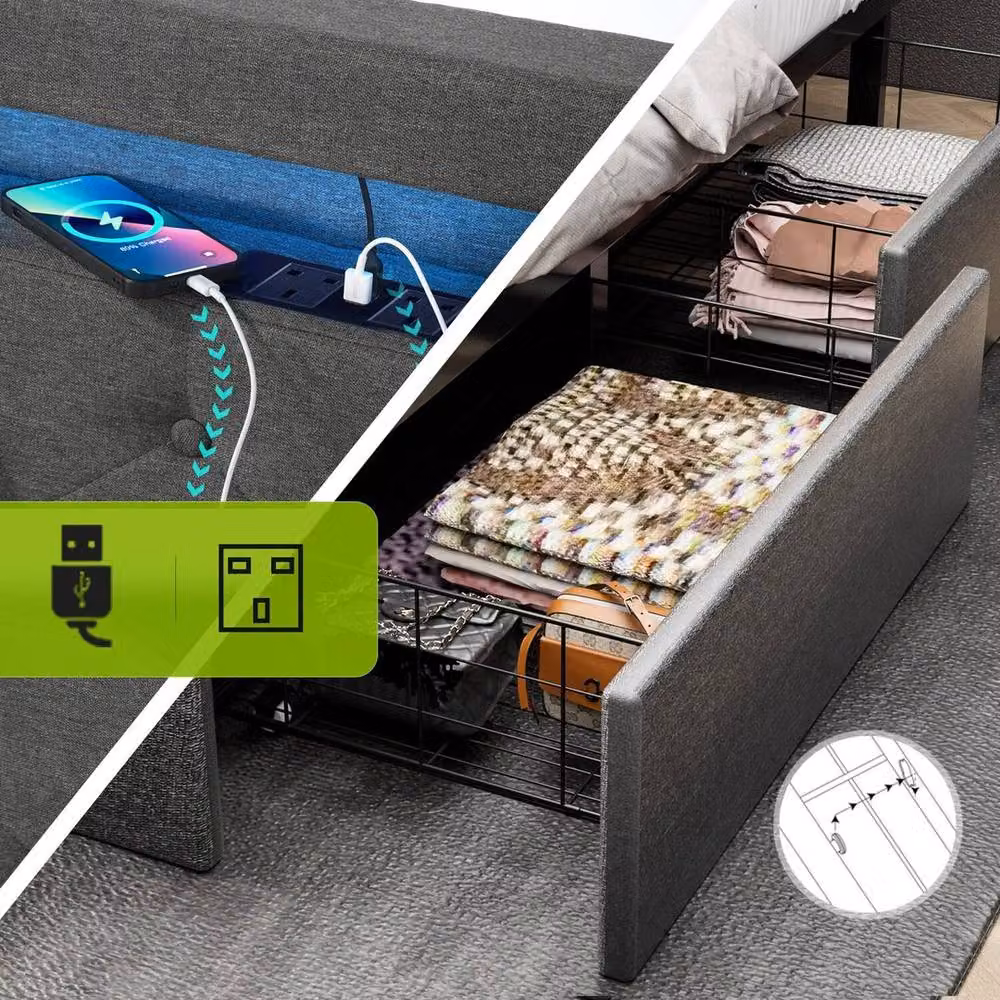 FORGEVIO Double Size Bed Frame with LED Under-Bed Lighting, USB Charging Ports and Side Compartments in Grey – 5