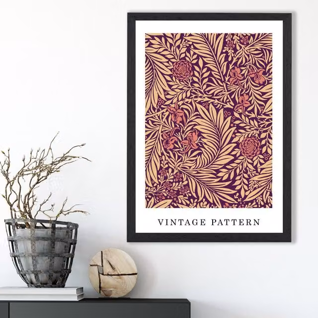 ARTZE Vintage William Morris Larkspur Floral Art Print in Pink and Beige with Black Frame