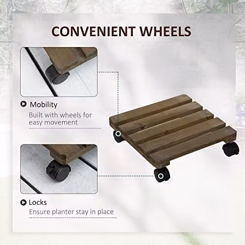 Outsunny 2 Pack Wooden Plant Caddy with Wheels in Brown, W/D/H: 30 x 30 x 7 cm – 3
