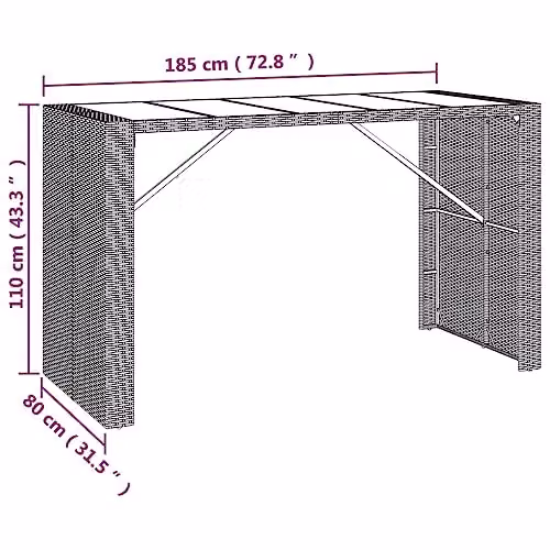 vidaXL Modern Poly Rattan Bar Table with Glass Top, Black, W: 185 cm, D: 80 cm, H: 110 cm – 2