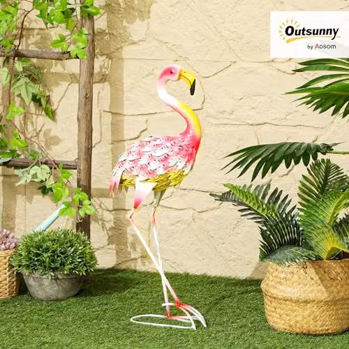 Outsunny Pink Metal Flamingo Garden Statue Ornament – 2