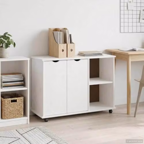 vidaXL Rolling Cabinet in White Solid Pine Wood W/D/H: 100 x 39 x 65.5 cm – 2