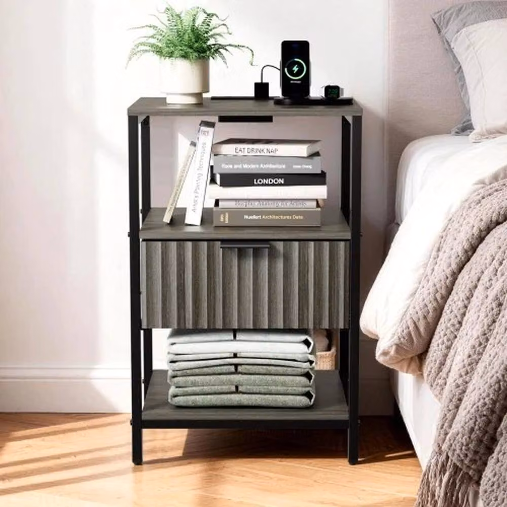 FORGEVIO Wood Bedside Table with Charging Station and Drawer in Grey – 3