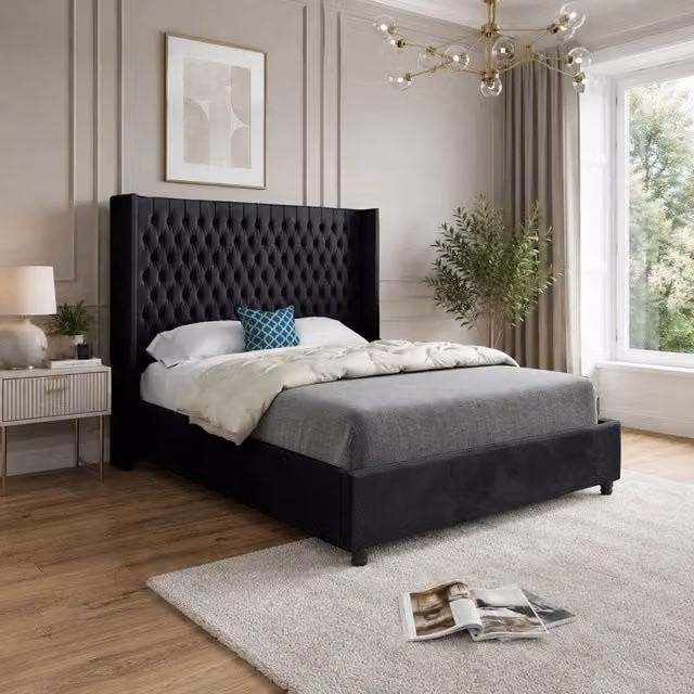 Casani Thwaite Upholstered Velvet Designer Bed Frame in Black, Size: 200 x 200 cm – 1