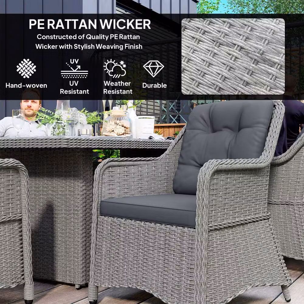OUTSUNNY 6 Seater Rattan Dining Set with Glass Top Table and Cushions in Grey – 3