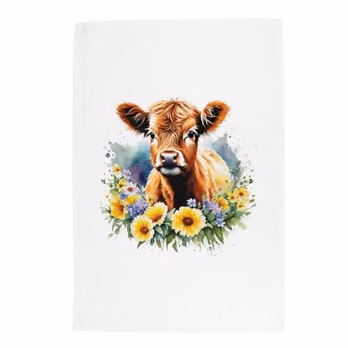 Purely Home Floral Highland Cow Calf Tea Towel, Multicolour Panama Cotton, W: 67 cm, H: 45 cm