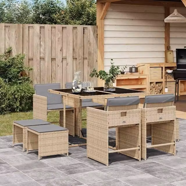 Berkfield Home 9 Piece Poly Rattan Garden Dining Set with Beige Cushions – 1