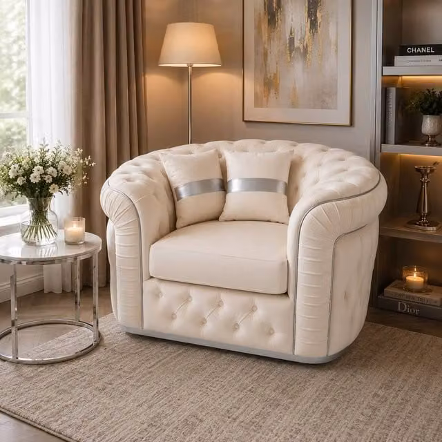 Stratus Interiors Ambassador Chesterfield Sofa in Cream Plush Velvet with Silver Trim and Scatter Cushions