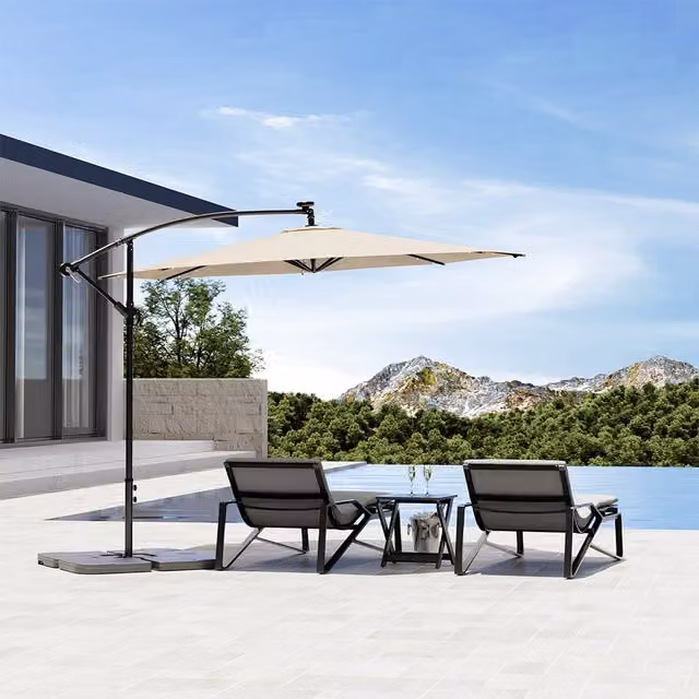 Komore Beige Polyester Parasol with 3m Solar LED Lights and Square Stand