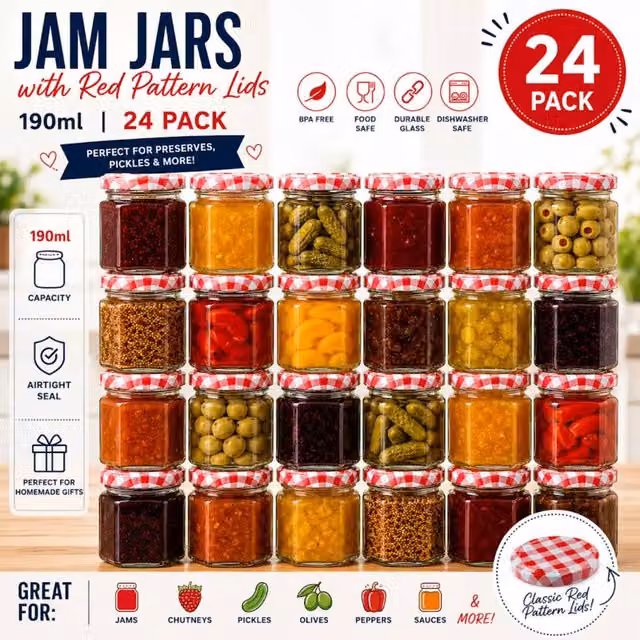 Volila 24 Pack Hexagonal Glass Jam Jars with Airtight Red Gingham Lids, 190ml, Clear – 1