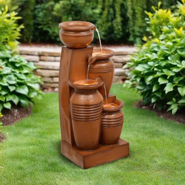 Teamson Home 4-Tier Cascading Solar Bowl Fountain in Brown Terracotta Ceramic
