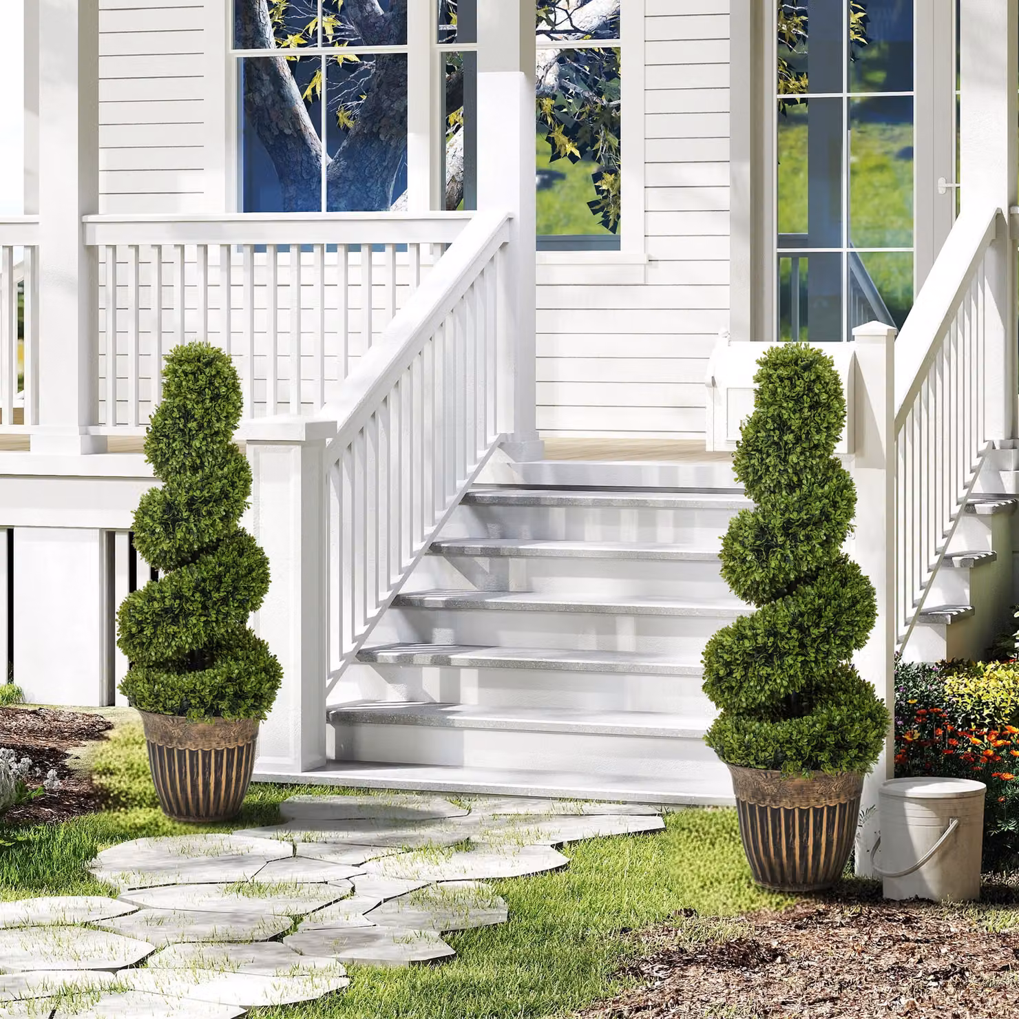 HOMCOM Set of 2 Green Artificial Topiary Spiral Boxwood Trees with Pots, Height: 90 cm – 2
