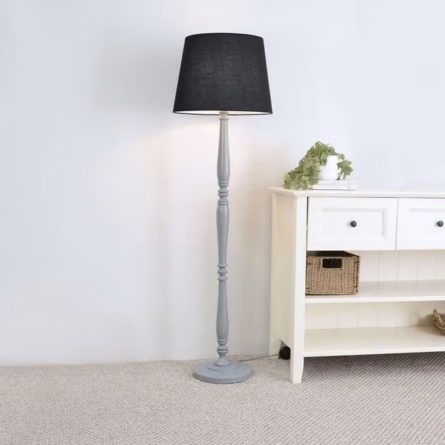 ValueLights Victoria Grey Wood Traditional Stem Floor Lamp with Black Fabric Tapered Shade, H 156 cm x W 46 cm x D 46 cm