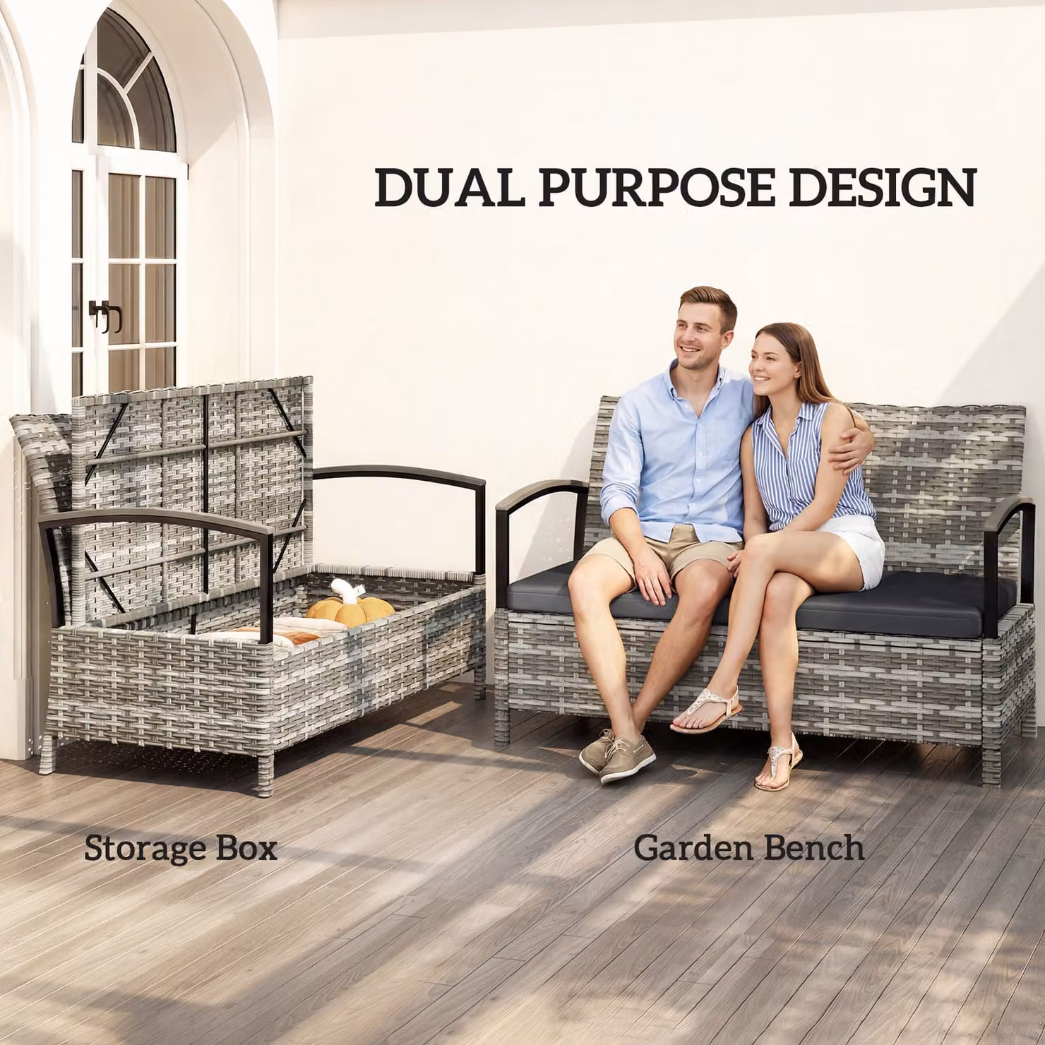 Outsunny 2 Seater Garden Storage Bench with Padded Cushions, Dark Grey PE Rattan Outdoor Storage Box – 4
