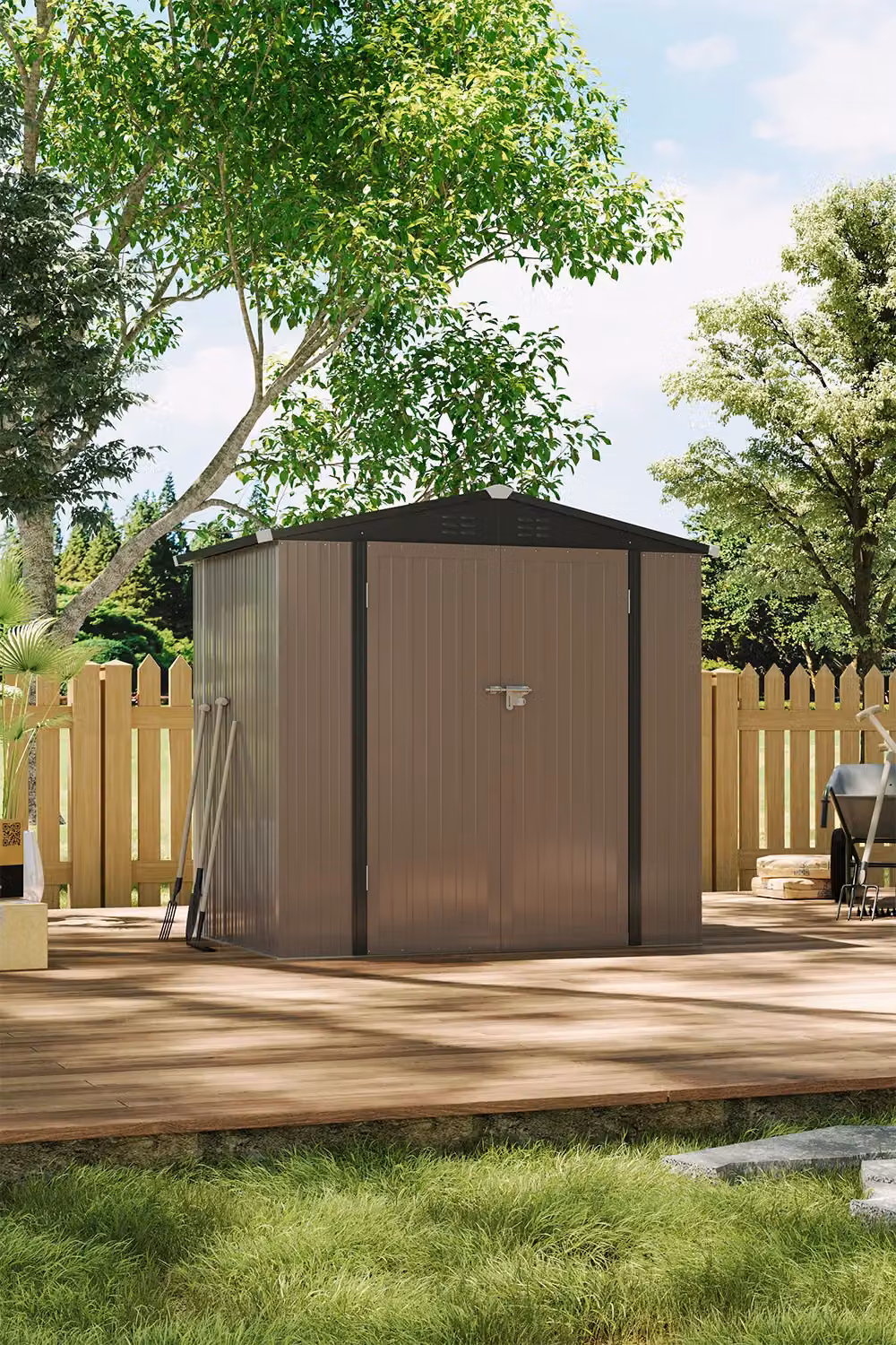 Living and Home Brown Galvanised Steel Metal Garden Storage Shed with Double Doors and Apex Roof and Base Foundation – 2