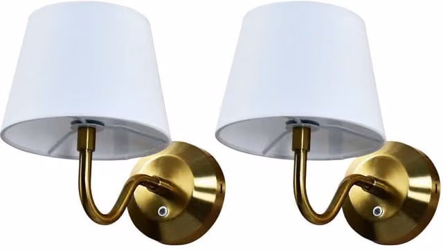 First Choice Lighting Hamilton Set of 2 Brass Rechargeable Wall Lights with White Fabric Shades in Gold