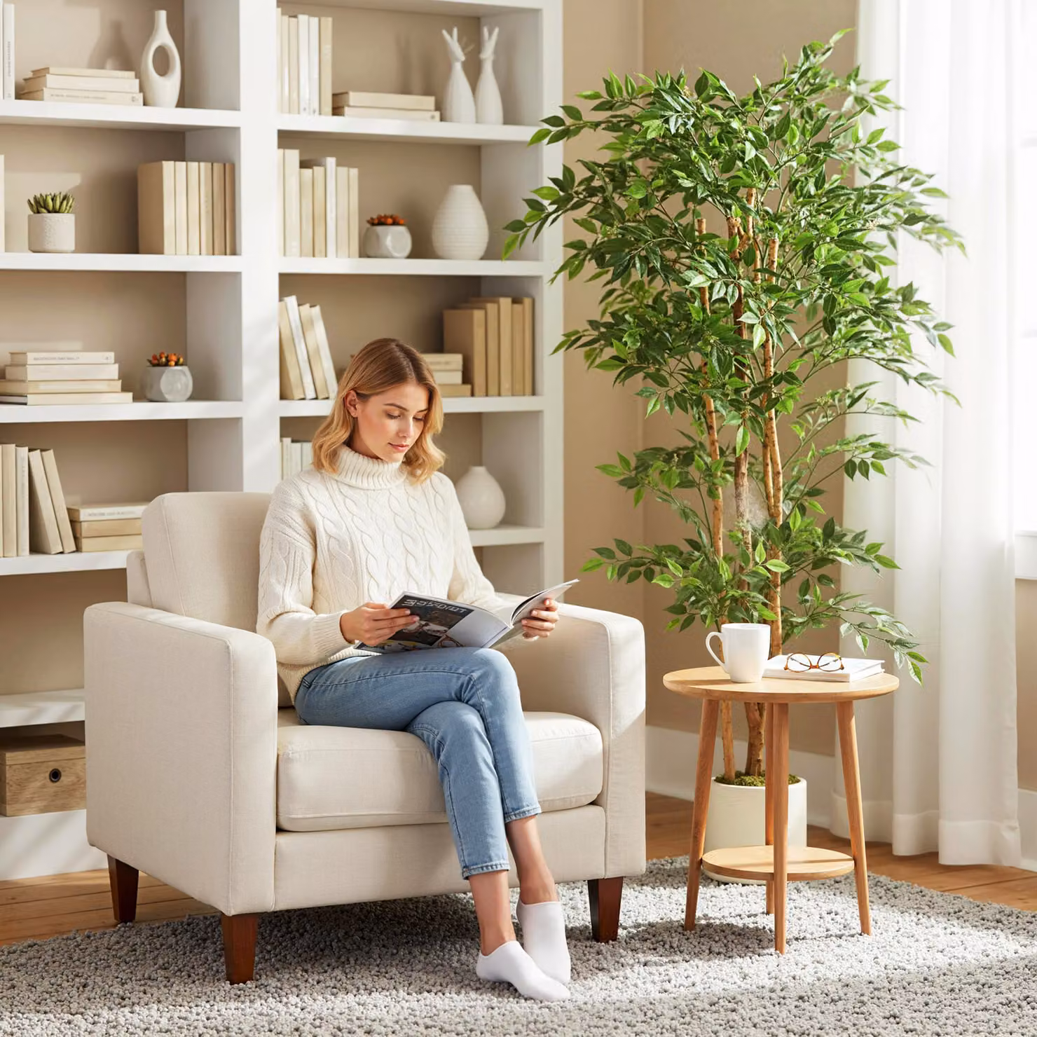 HOMCOM 180cm Artificial Ficus Tree in Green and White with Wood and Plastic Trunk and Pot – 4