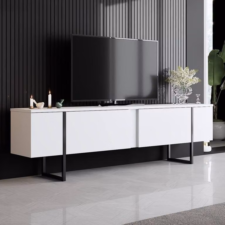 Calicosy Luxury Modern TV Stand with 2 Drop-Down Doors, White, W/D/H: 180 x 50 x 30 cm