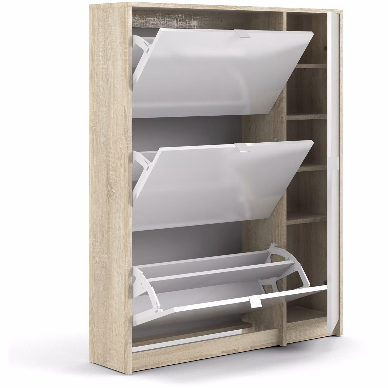 Furniture To Go Modern Oak Shoe Cabinet with 3 Flip Down Doors and 2 Layers