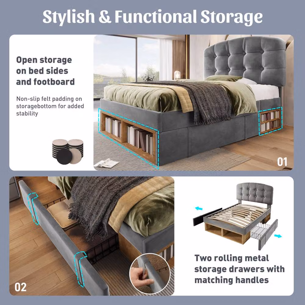ModernLuxe Childrens Single Bed in Grey with Adjustable Headboard and Drawers, W/D/H: 90 x 190 x 115 cm – 4