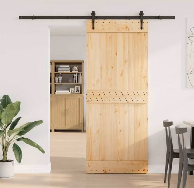 Berkfield Home Modern Sliding Door with Hardware Set in Light Brown Solid Wood, W: 85 cm, H: 210 cm