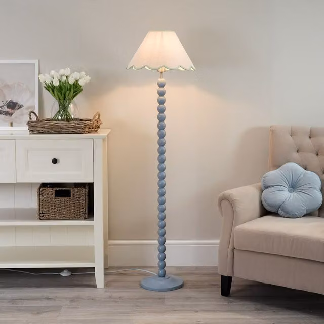 ValueLights Bobbin Stem Floor Lamp in Blue with Green Fabric Scallop Shade – 3