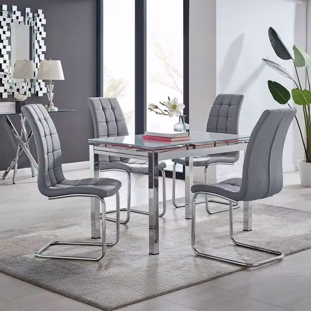 FurnitureboxUK Enna White Glass Extending Rectangular Dining Table and 4 Murano Chairs in Grey