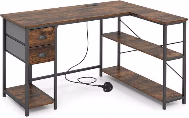 Gymax L Shaped Corner Desk with Charging Station and Cable Management, Brown – 1