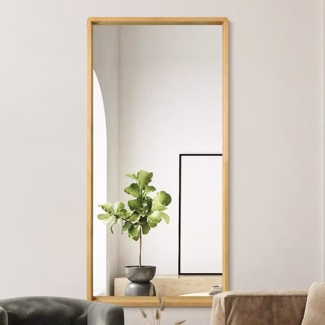 MirrorOutlet Naturalis Solid Oak Rectangular Lean Wall Mirror with Rounded Corners in Brown, H: 170 cm, W: 85 cm
