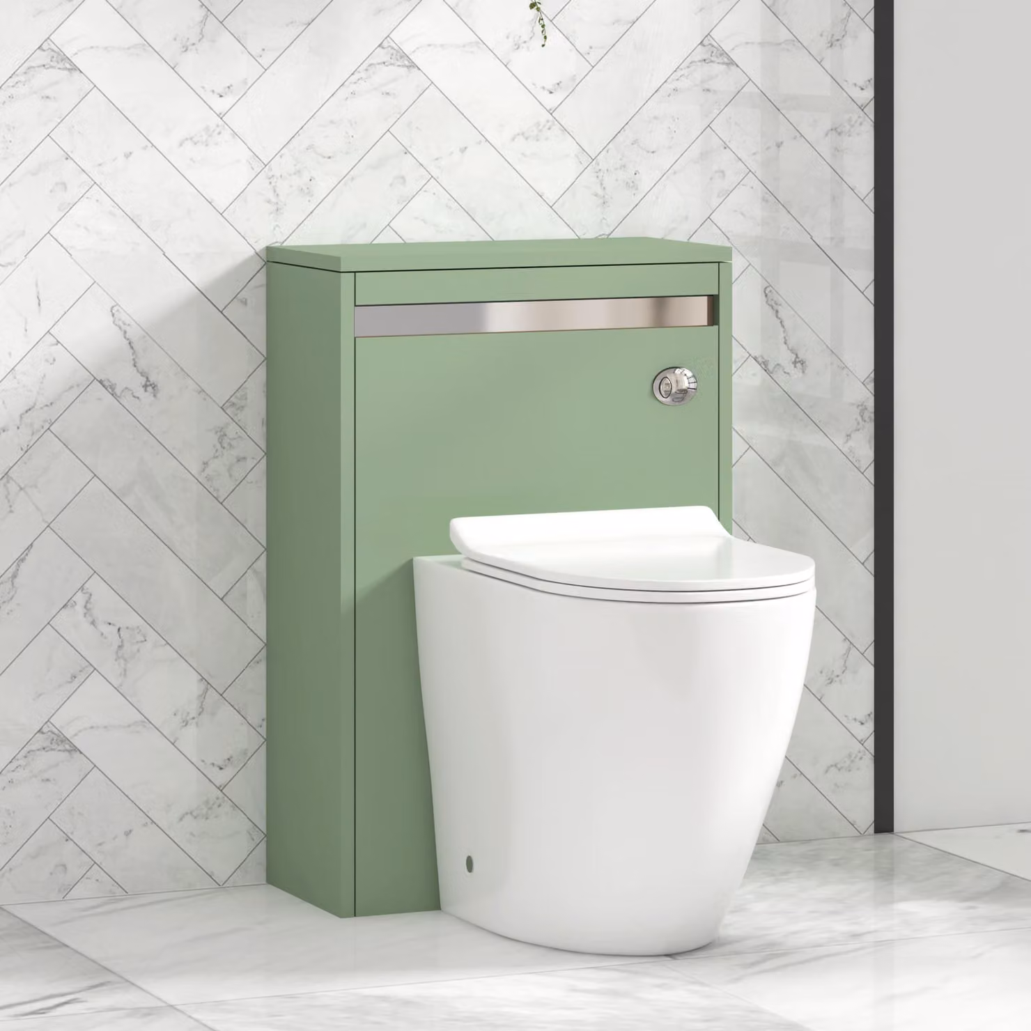 Royal Bathrooms Orion 540mm Mint Sage WC Unit with Elva Rimless Short Projection Toilet Pan, Slim Seat and Cistern with Chrome Accent Trim