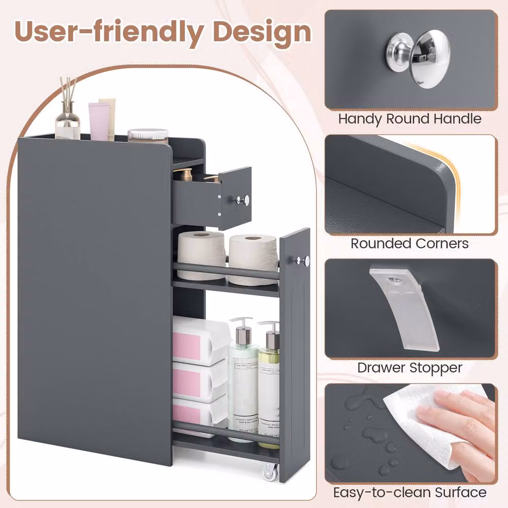 CASART Slim Wooden Bathroom Storage Cabinet with Drawers in Grey – 6