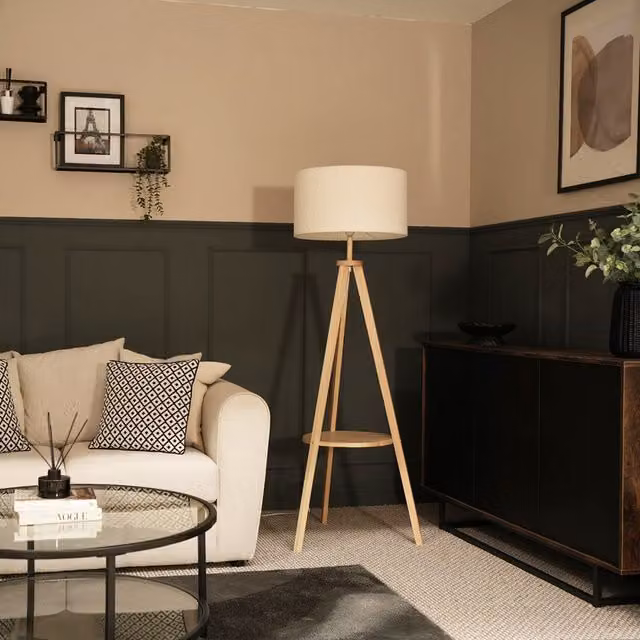 Morrigan Wood Tripod Floor Lamp with Beige Fabric Cylinder Shade