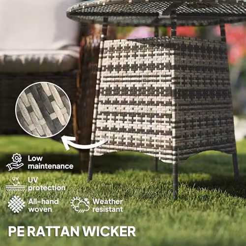 Outsunny Grey Wicker Rattan Garden Table with Tempered Glass Top and Umbrella Hole – 3