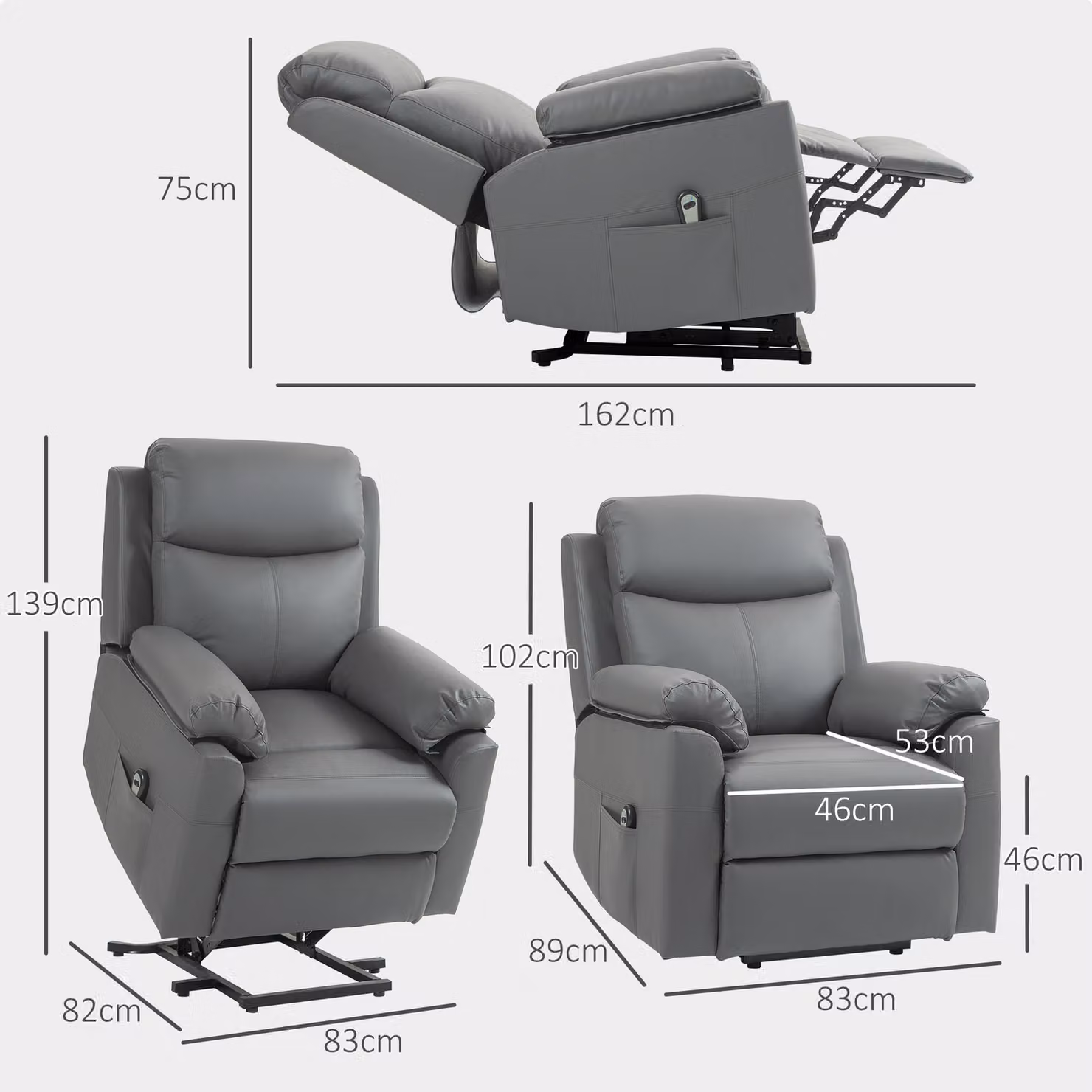 HOMCOM Charcoal Grey Power Riser Recliner Chair with Lift Assist and Remote Control – 2